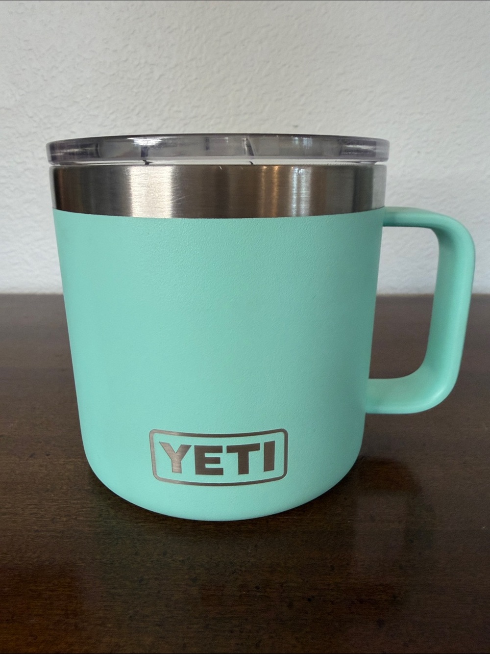 Yeti Rambler Seafoam Mint green Travel Mug with Clear Lid 14oz